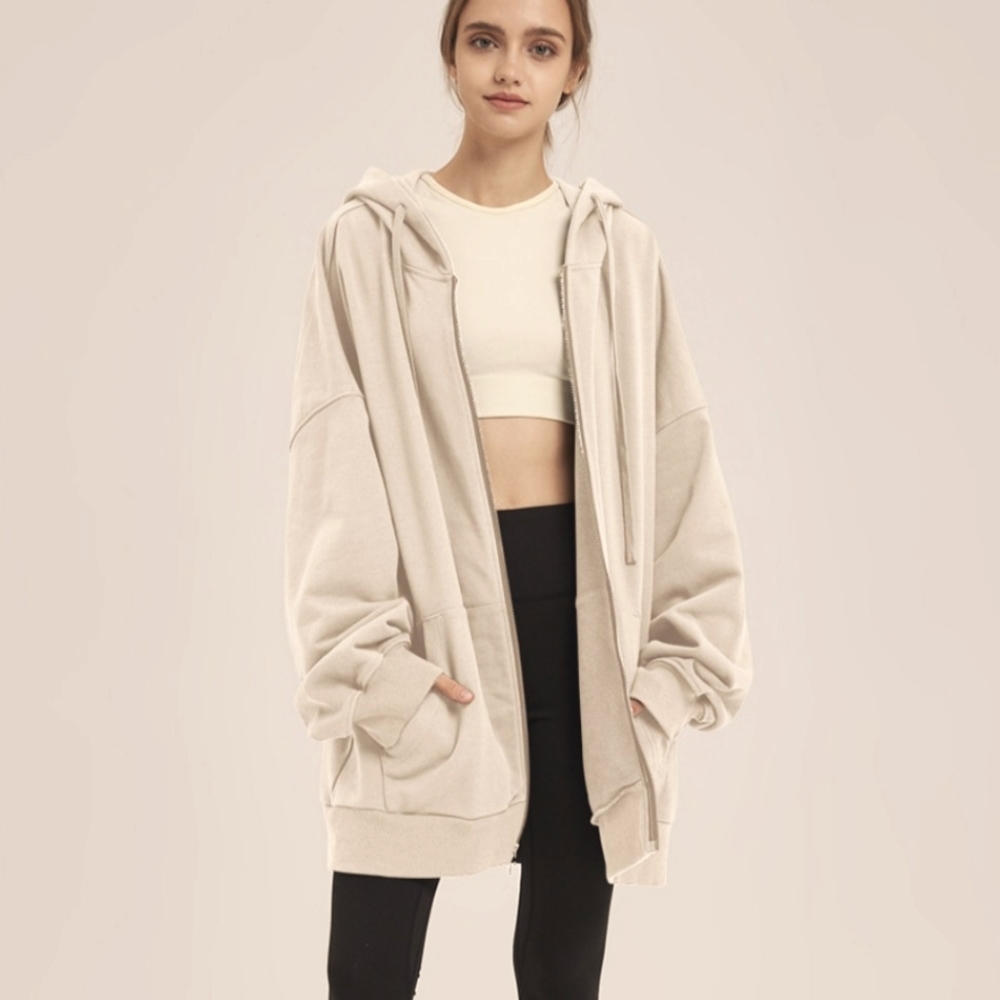 Oversized Zip Up Cotton Hoodie Sweatshirt (Vanilla/Off-White) - NAP Loungewear.